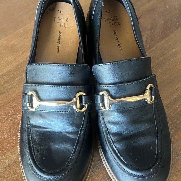 Women’s Time And Tru Memory Foam Platform Loafers Black & Tan Size 10 - Picture 2 of 10